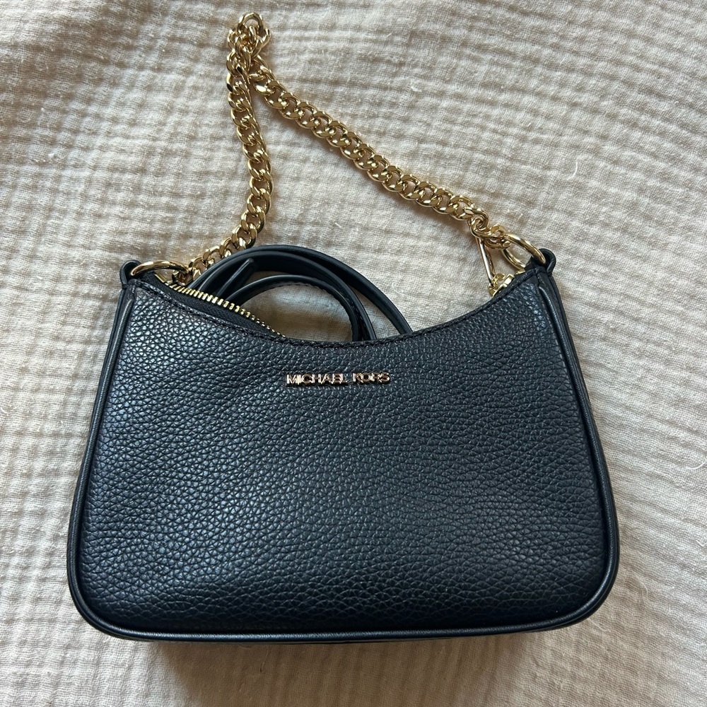 Michael Kors Black Pebbled Leather Shoulder Bag with Gold Chain